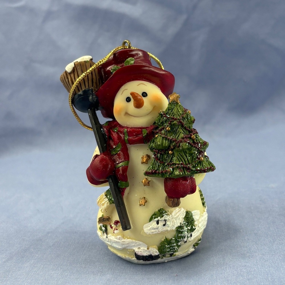 Home Interiors Snowman Ornament 54060 Red Hat Tree Broom Christmas Figurine Vtg